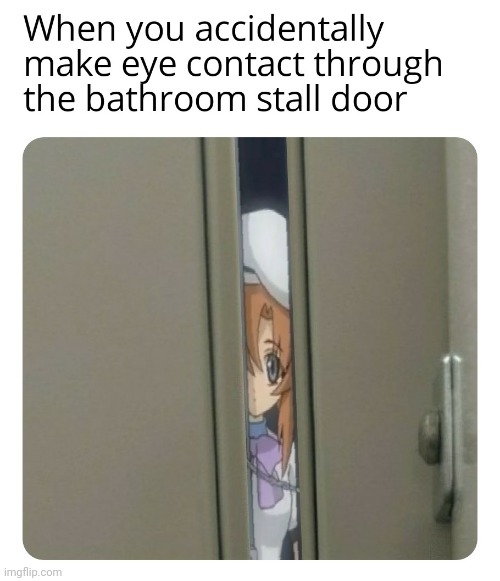 Awkward eye contact through bathroom stall door | image tagged in bathroom stall,eye contact,anime,rena,higurashi,public restrooms | made w/ Imgflip meme maker
