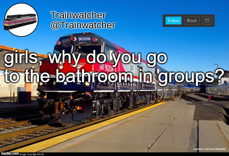 Trainwatcher Announcement 4 | girls, why do you go to the bathroom in groups? | image tagged in trainwatcher announcement 4 | made w/ Imgflip meme maker