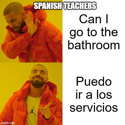 Spanish Teachers | SPANISH TEACHERS; Can I go to the bathroom; Puedo ir a los servicios | image tagged in memes,drake hotline bling | made w/ Imgflip meme maker