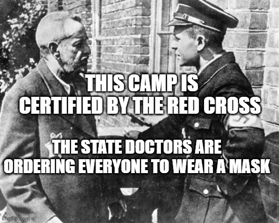 Nazi speaking to Jew | THIS CAMP IS CERTIFIED BY THE RED CROSS; THE STATE DOCTORS ARE ORDERING EVERYONE TO WEAR A MASK | image tagged in nazi speaking to jew | made w/ Imgflip meme maker