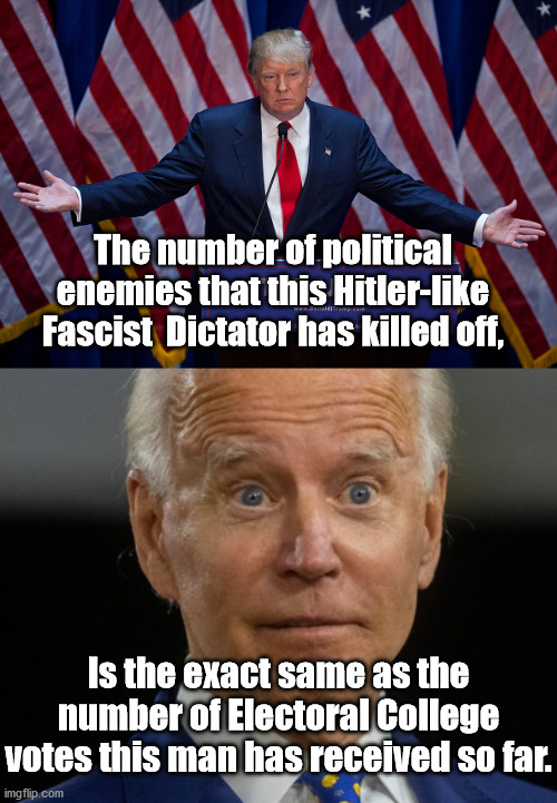 Trump and Biden tided at 0 | The number of political enemies that this Hitler-like Fascist  Dictator has killed off, Is the exact same as the number of Electoral College votes this man has received so far. | image tagged in donald trump,joe biden | made w/ Imgflip meme maker