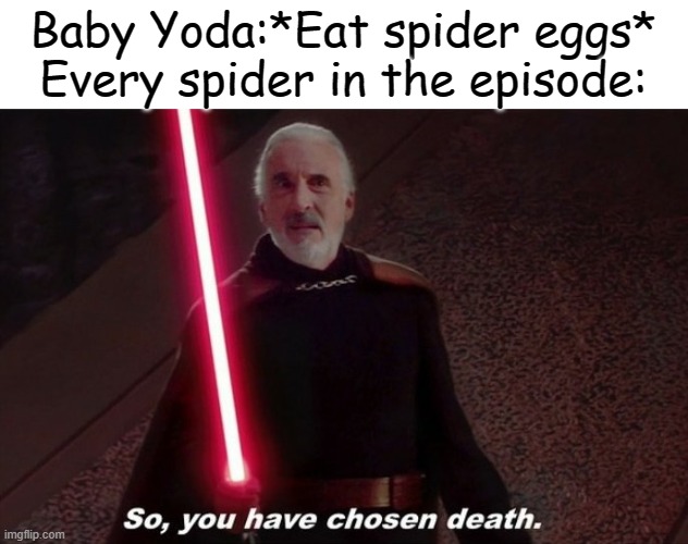 So you have choosen death | Baby Yoda:*Eat spider eggs*
Every spider in the episode: | image tagged in so you have choosen death | made w/ Imgflip meme maker