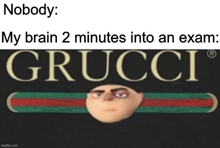 Grucci | Nobody:; My brain 2 minutes into an exam: | image tagged in memes,funny,gru,exams,gucci | made w/ Imgflip meme maker