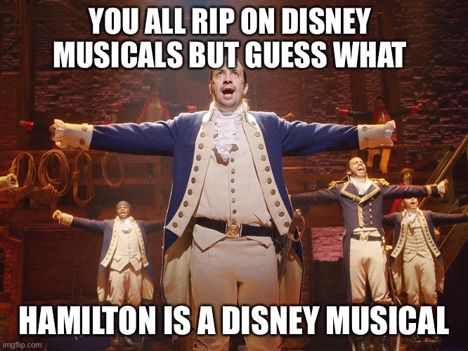 Hamilton | YOU ALL RIP ON DISNEY MUSICALS BUT GUESS WHAT; HAMILTON IS A DISNEY MUSICAL | image tagged in hamilton | made w/ Imgflip meme maker