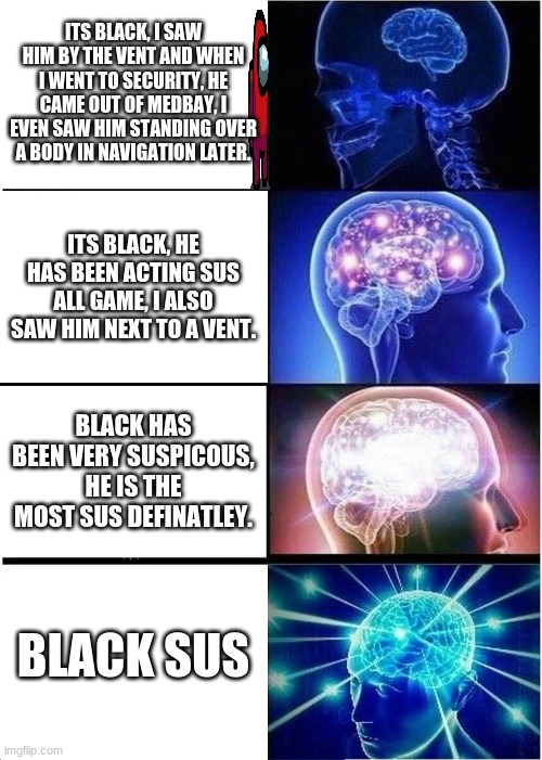 Expanding Brain Meme | ITS BLACK, I SAW HIM BY THE VENT AND WHEN I WENT TO SECURITY, HE CAME OUT OF MEDBAY, I EVEN SAW HIM STANDING OVER A BODY IN NAVIGATION LATER. ITS BLACK, HE HAS BEEN ACTING SUS ALL GAME, I ALSO SAW HIM NEXT TO A VENT. BLACK HAS BEEN VERY SUSPICOUS, HE IS THE MOST SUS DEFINATLEY. BLACK SUS | image tagged in memes,expanding brain | made w/ Imgflip meme maker