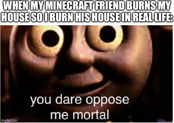 bruuuuh | WHEN MY MINECRAFT FRIEND BURNS MY HOUSE SO I BURN HIS HOUSE IN REAL LIFE: | image tagged in you dare oppose me mortal | made w/ Imgflip meme maker