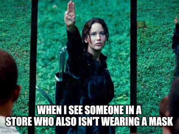 Hunger Games 2 | WHEN I SEE SOMEONE IN A STORE WHO ALSO ISN'T WEARING A MASK | image tagged in hunger games 2 | made w/ Imgflip meme maker