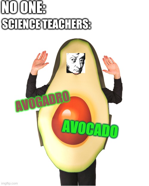 avogadro avocado | NO ONE:; SCIENCE TEACHERS:; AVOGADRO; AVOCADO | image tagged in avocado man | made w/ Imgflip meme maker