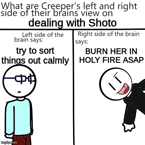 dealing with Shoto; BURN HER IN HOLY FIRE ASAP; try to sort things out calmly | image tagged in creeper's brain | made w/ Imgflip meme maker