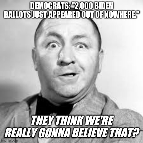 Curly's skepticism | DEMOCRATS: "2,000 BIDEN BALLOTS JUST APPEARED OUT OF NOWHERE."; THEY THINK WE'RE REALLY GONNA BELIEVE THAT? | image tagged in curly three stooges,politics,trump 2020 | made w/ Imgflip meme maker