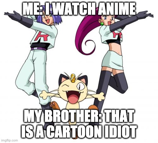 Anime | ME: I WATCH ANIME; MY BROTHER: THAT IS A CARTOON IDIOT | image tagged in memes,team rocket | made w/ Imgflip meme maker