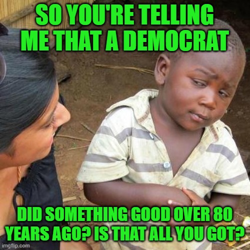 Third World Skeptical Kid Meme | SO YOU'RE TELLING ME THAT A DEMOCRAT DID SOMETHING GOOD OVER 80 YEARS AGO? IS THAT ALL YOU GOT? | image tagged in memes,third world skeptical kid | made w/ Imgflip meme maker