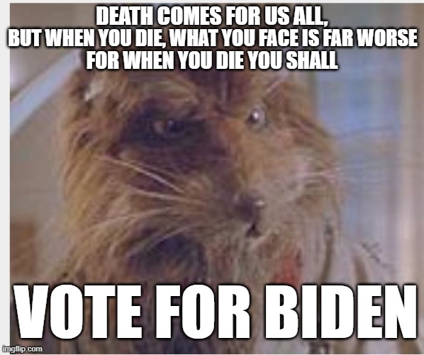 DAAAAAAAAAAMN | DEATH COMES FOR US ALL, BUT WHEN YOU DIE, WHAT YOU FACE IS FAR WORSE; FOR WHEN YOU DIE YOU SHALL; VOTE FOR BIDEN | image tagged in biden,election 2020,trump,blank red maga hat | made w/ Imgflip meme maker