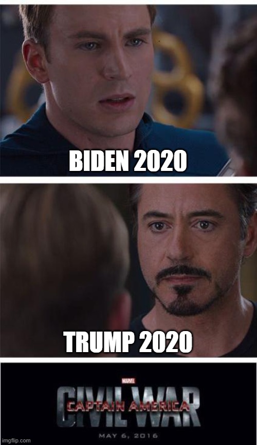 Marvel Civil War 1 Meme | BIDEN 2020; TRUMP 2020 | image tagged in memes,marvel civil war 1 | made w/ Imgflip meme maker
