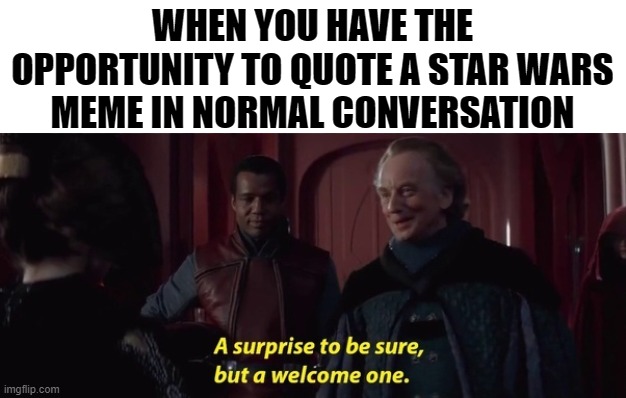 That's...why I'm here | WHEN YOU HAVE THE OPPORTUNITY TO QUOTE A STAR WARS MEME IN NORMAL CONVERSATION | image tagged in a surprise to be sure,memes,palpatine,star wars,conversation,star wars prequels | made w/ Imgflip meme maker