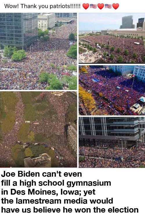 Joe Biden can't even fill a high school gymnasium in Des Moines | Joe Biden can't even fill a high school gymnasium in Des Moines, Iowa; yet the lamestream media would have us believe he won the election | image tagged in million maga march,lamestream media,biased media,liberal media,triggering liberals,liberal tears | made w/ Imgflip meme maker
