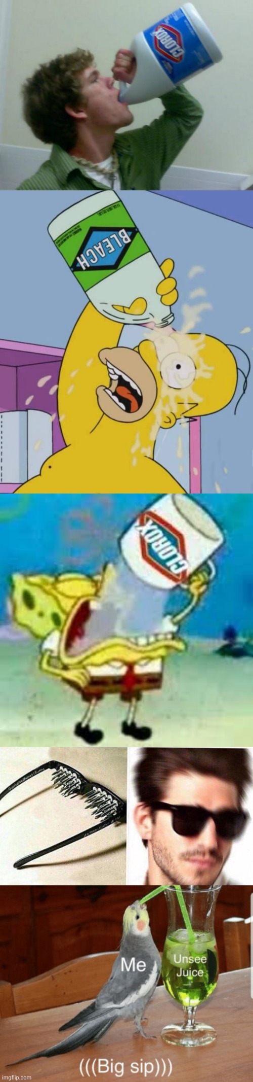 image tagged in drink bleach,homer with bleach,spongebob chugs bleach,unsee glasses,unsee juice | made w/ Imgflip meme maker