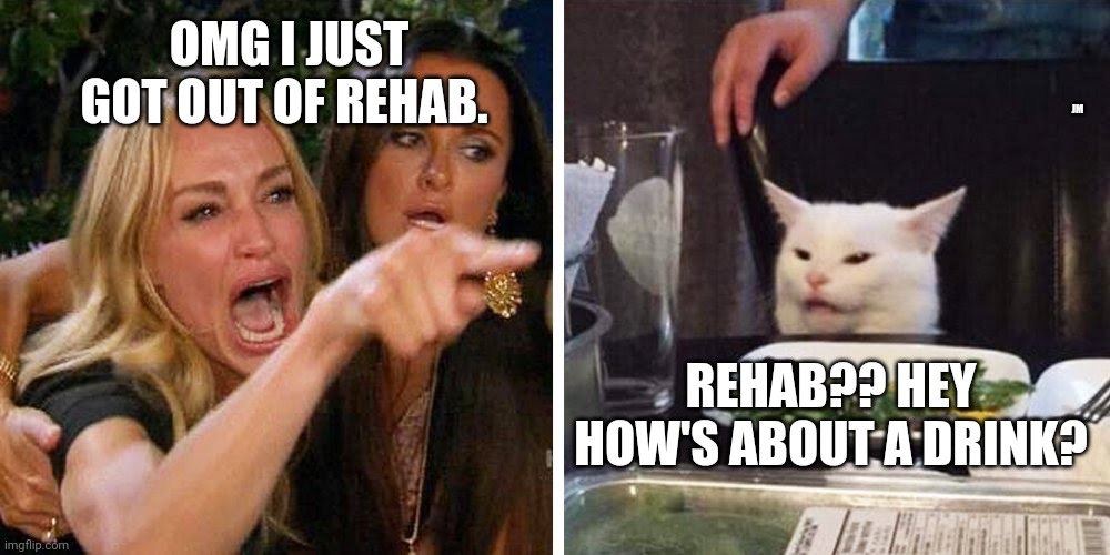 Smudge the cat | OMG I JUST GOT OUT OF REHAB. JM; REHAB?? HEY HOW'S ABOUT A DRINK? | image tagged in smudge the cat | made w/ Imgflip meme maker
