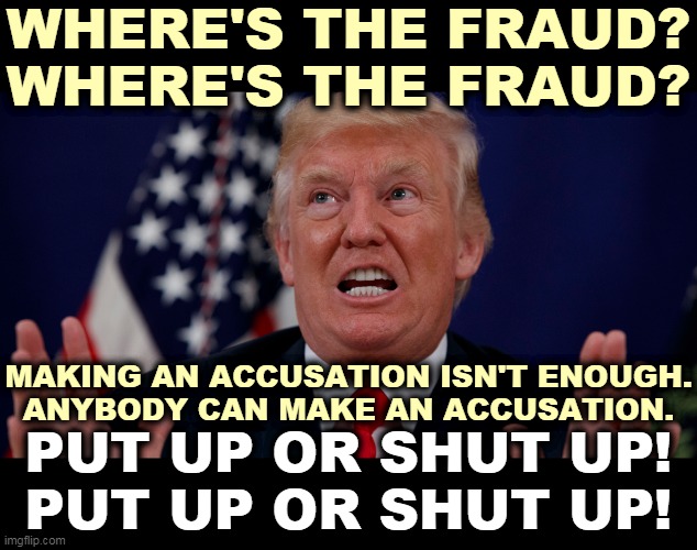 Republican judges agree. Nobody robbed Trump. He got beaten by Biden. | WHERE'S THE FRAUD?
WHERE'S THE FRAUD? MAKING AN ACCUSATION ISN'T ENOUGH.
ANYBODY CAN MAKE AN ACCUSATION. PUT UP OR SHUT UP!
PUT UP OR SHUT UP! | image tagged in trump dilated hands up showing teeth,trump,loser,sore loser,infant,child | made w/ Imgflip meme maker