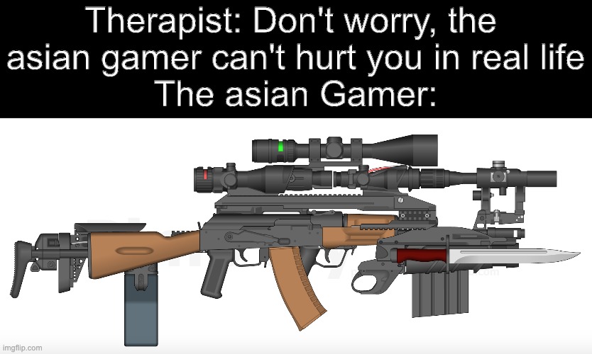 Crazy Asian Gun | Therapist: Don't worry, the 
asian gamer can't hurt you in real life
The asian Gamer: | image tagged in memes,online gaming | made w/ Imgflip meme maker
