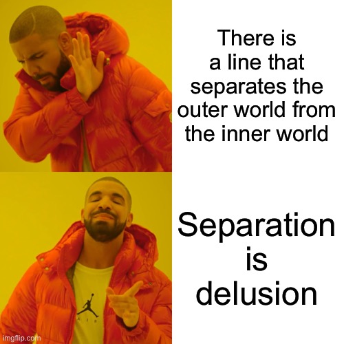 Drake Hotline Bling Meme | There is a line that separates the outer world from the inner world Separation is delusion | image tagged in memes,drake hotline bling | made w/ Imgflip meme maker