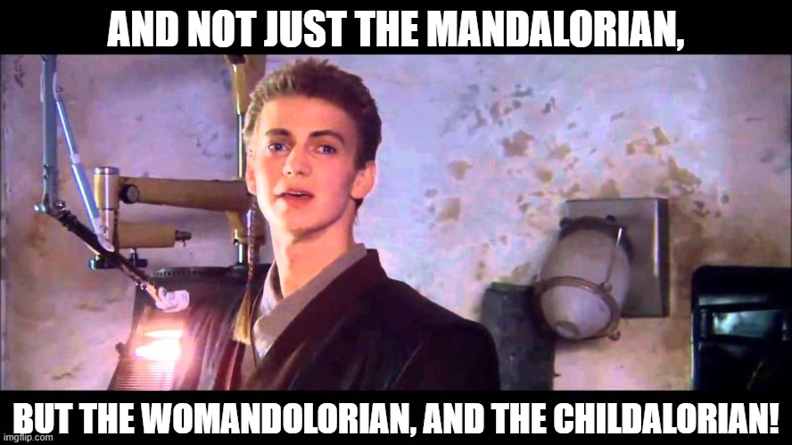 and not just the men | AND NOT JUST THE MANDALORIAN, BUT THE WOMANDOLORIAN, AND THE CHILDALORIAN! | image tagged in and not just the men | made w/ Imgflip meme maker
