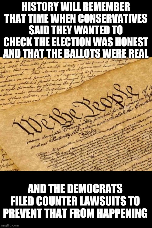 Constitution | HISTORY WILL REMEMBER THAT TIME WHEN CONSERVATIVES SAID THEY WANTED TO CHECK THE ELECTION WAS HONEST AND THAT THE BALLOTS WERE REAL; AND THE DEMOCRATS FILED COUNTER LAWSUITS TO PREVENT THAT FROM HAPPENING | image tagged in constitution | made w/ Imgflip meme maker