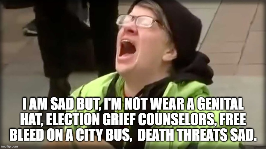 why they call us the right | I AM SAD BUT, I'M NOT WEAR A GENITAL HAT, ELECTION GRIEF COUNSELORS, FREE BLEED ON A CITY BUS,  DEATH THREATS SAD. | image tagged in trump,biden,voter fraud,election 2020,covid | made w/ Imgflip meme maker