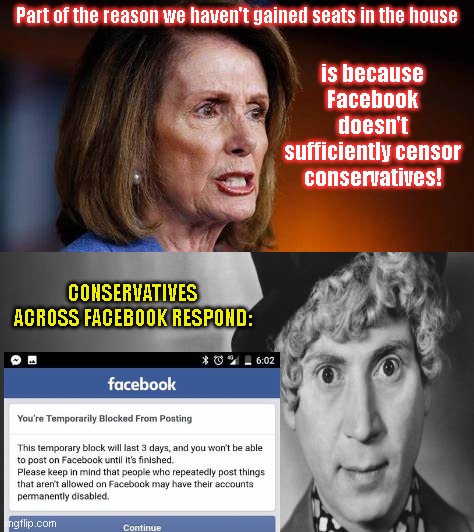 Nancy Pelosi, the Liberal Karen | is because Facebook doesn't sufficiently censor conservatives! Part of the reason we haven't gained seats in the house; CONSERVATIVES ACROSS FACEBOOK RESPOND: | image tagged in liberal hypocrisy,facebook jail,big tech is big brother,discrimination against conservatives,nancy pelosi,liberal karen | made w/ Imgflip meme maker