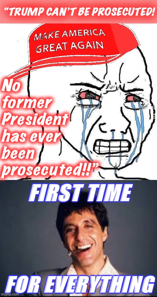 Trump has... ahem... “flexed” a lot of precedents in his time in office. Why don’t we flex this one just for him? | No former President has ever been prosecuted!!”; “TRUMP CAN’T BE PROSECUTED! FIRST TIME; FOR EVERYTHING | image tagged in crying wojak maga,al pacino scarface,law,president trump,presidents,conservative logic | made w/ Imgflip meme maker
