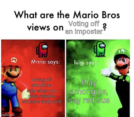 Mario Bros Views | Voting off an imposter; Voting off should be only when you have reliable evidence and proof; Play among us, say red sus | image tagged in mario bros views,memes,meme,mario | made w/ Imgflip meme maker