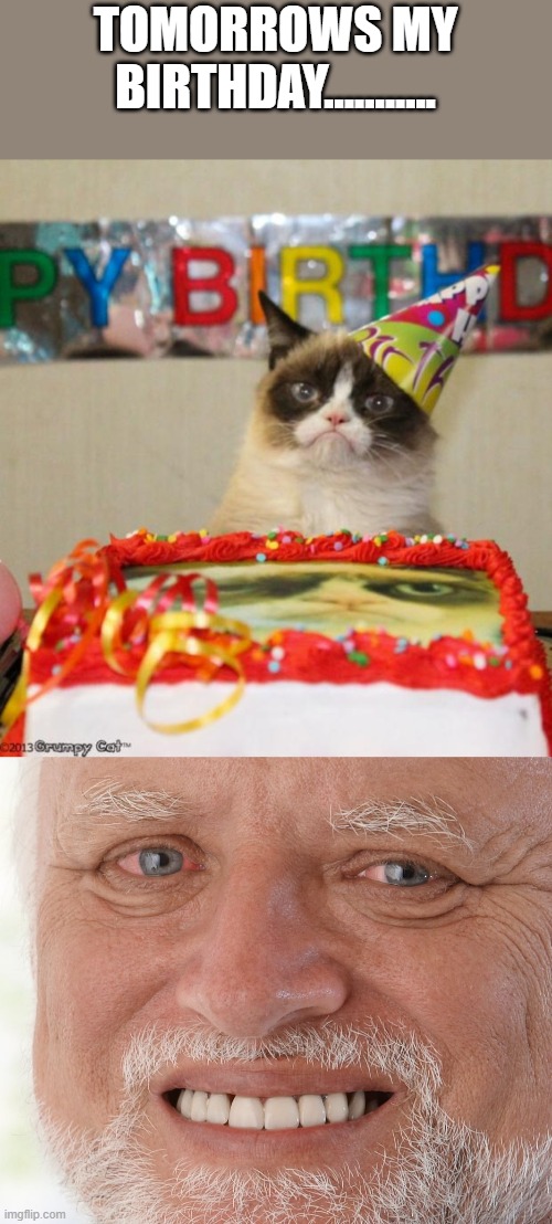 ... | TOMORROWS MY BIRTHDAY........... | image tagged in memes,grumpy cat birthday,hide the pain harold | made w/ Imgflip meme maker