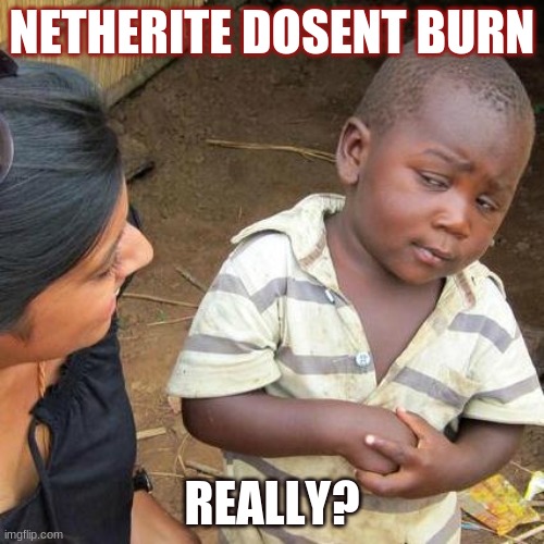 NETHERITE DOSENT BURN | NETHERITE DOSENT BURN; REALLY? | image tagged in memes,third world skeptical kid | made w/ Imgflip meme maker