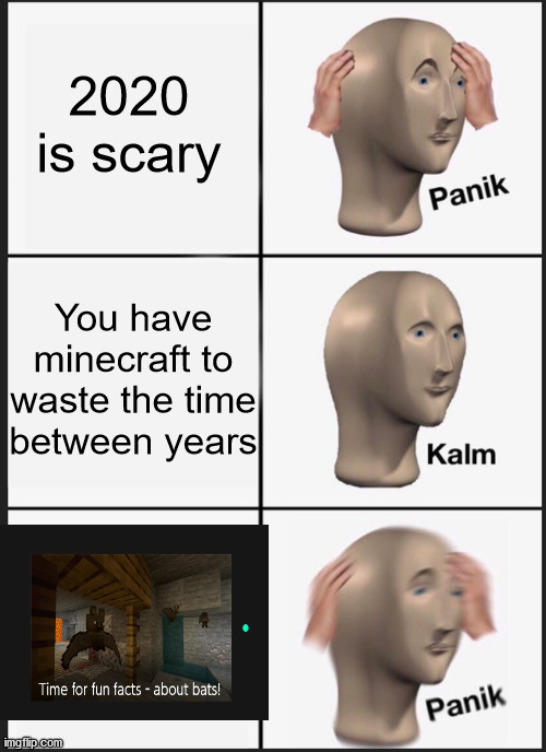 Minecraft's switch message is scary! | 2020 is scary; You have minecraft to waste the time between years | image tagged in memes,panik kalm panik,minecraft | made w/ Imgflip meme maker