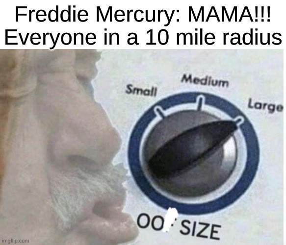 Oof size large |  Freddie Mercury: MAMA!!!
Everyone in a 10 mile radius | image tagged in oof size large | made w/ Imgflip meme maker