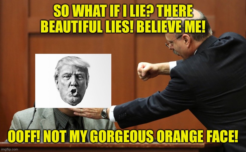 Angry prosecutor  | SO WHAT IF I LIE? THERE BEAUTIFUL LIES! BELIEVE ME! OOFF! NOT MY GORGEOUS ORANGE FACE! | image tagged in angry prosecutor | made w/ Imgflip meme maker