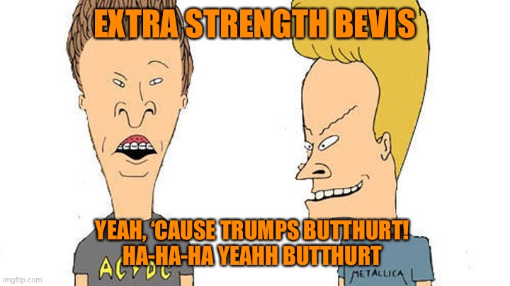 Beavis & Butthead | EXTRA STRENGTH BEVIS YEAH, ‘CAUSE TRUMPS BUTTHURT! 
HA-HA-HA YEAHH BUTTHURT | image tagged in beavis butthead | made w/ Imgflip meme maker