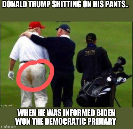 Crapy Donald | DONALD TRUMP SHITTING ON HIS PANTS.. WHEN HE WAS INFORMED BIDEN WON THE DEMOCRATIC PRIMARY | image tagged in trump supporters,donald trump,trump,maga,joe biden,conservatives | made w/ Imgflip meme maker