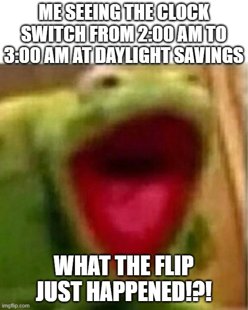 DaY LiTe SaViNg TTTIIIIIIIIIIIIIIIMMMMMMMMMEEEEEEE | ME SEEING THE CLOCK SWITCH FROM 2:00 AM TO 3:00 AM AT DAYLIGHT SAVINGS; WHAT THE FLIP JUST HAPPENED!?! | image tagged in ahhhhhhhhhhhhh | made w/ Imgflip meme maker