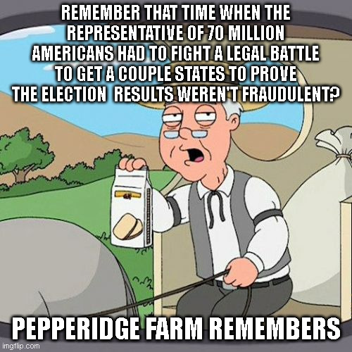 Pepperidge Farm Remembers Meme | REMEMBER THAT TIME WHEN THE REPRESENTATIVE OF 70 MILLION AMERICANS HAD TO FIGHT A LEGAL BATTLE TO GET A COUPLE STATES TO PROVE THE ELECTION  RESULTS WEREN'T FRAUDULENT? PEPPERIDGE FARM REMEMBERS | image tagged in memes,pepperidge farm remembers | made w/ Imgflip meme maker