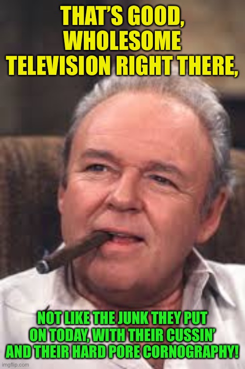 Archie Bunker | THAT’S GOOD, WHOLESOME TELEVISION RIGHT THERE, NOT LIKE THE JUNK THEY PUT ON TODAY, WITH THEIR CUSSIN’ AND THEIR HARD PORE CORNOGRAPHY! | image tagged in archie bunker | made w/ Imgflip meme maker