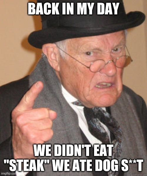 Back In My Day Meme | BACK IN MY DAY; WE DIDN'T EAT "STEAK" WE ATE DOG S**T | image tagged in memes,back in my day | made w/ Imgflip meme maker