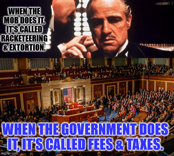 fees & taxes | S_E; WHEN THE MOB DOES IT, IT'S CALLED RACKETEERING & EXTORTION. WHEN THE GOVERNMENT DOES IT, IT'S CALLED FEES & TAXES. | image tagged in big government | made w/ Imgflip meme maker