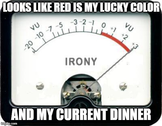 Irony Meter | LOOKS LIKE RED IS MY LUCKY COLOR AND MY CURRENT DINNER | image tagged in irony meter | made w/ Imgflip meme maker