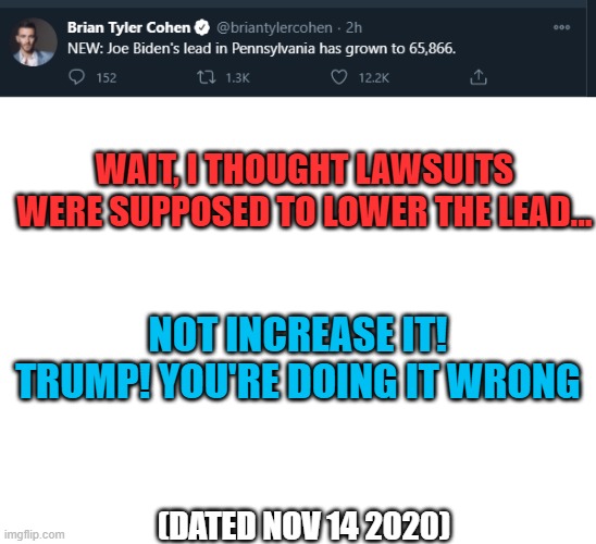 WAIT, I THOUGHT LAWSUITS WERE SUPPOSED TO LOWER THE LEAD... NOT INCREASE IT! 

TRUMP! YOU'RE DOING IT WRONG; (DATED NOV 14 2020) | image tagged in blank white template | made w/ Imgflip meme maker