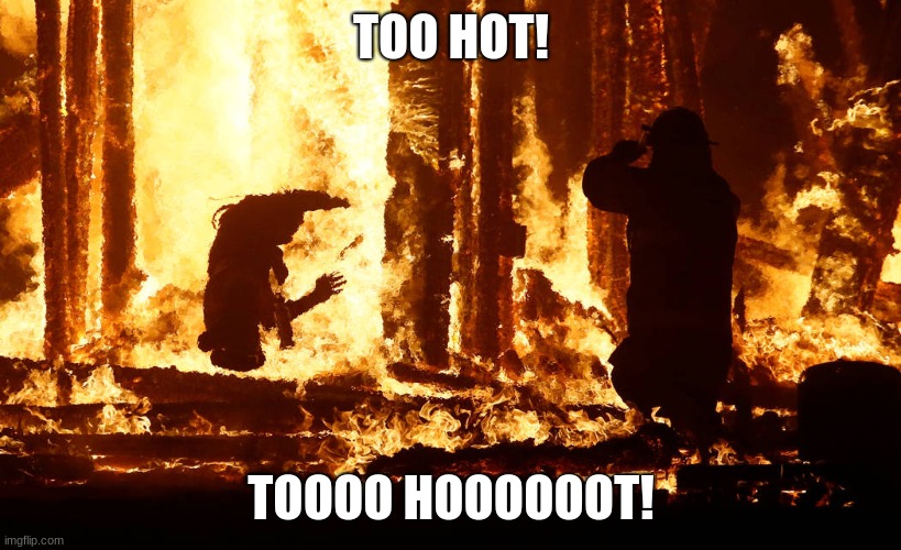Burning man | TOO HOT! TOOOO HOOOOOOT! | image tagged in burning man | made w/ Imgflip meme maker