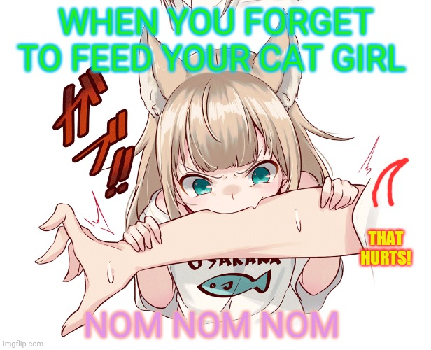 More catgirl problems | WHEN YOU FORGET TO FEED YOUR CAT GIRL; THAT HURTS! NOM NOM NOM | image tagged in cat,anime girl,problems,hungry,bite,nom nom nom | made w/ Imgflip meme maker