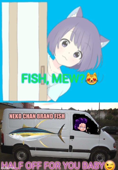 Minerva's side business was going great, although he lost a lot of money. | FISH, MEW?😻; HALF OFF FOR YOU BABY😉 | image tagged in fish,for sale,anime girl,cat,mha,van | made w/ Imgflip meme maker