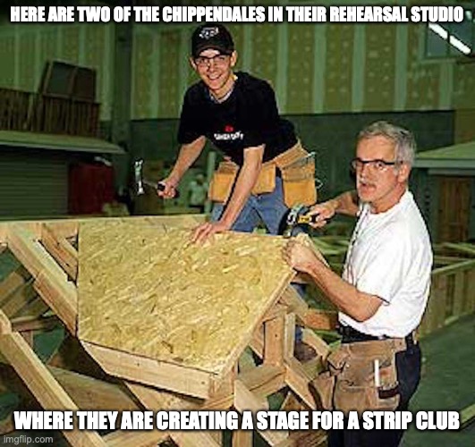 Carpenters | HERE ARE TWO OF THE CHIPPENDALES IN THEIR REHEARSAL STUDIO; WHERE THEY ARE CREATING A STAGE FOR A STRIP CLUB | image tagged in carpenter,memes,strip club | made w/ Imgflip meme maker