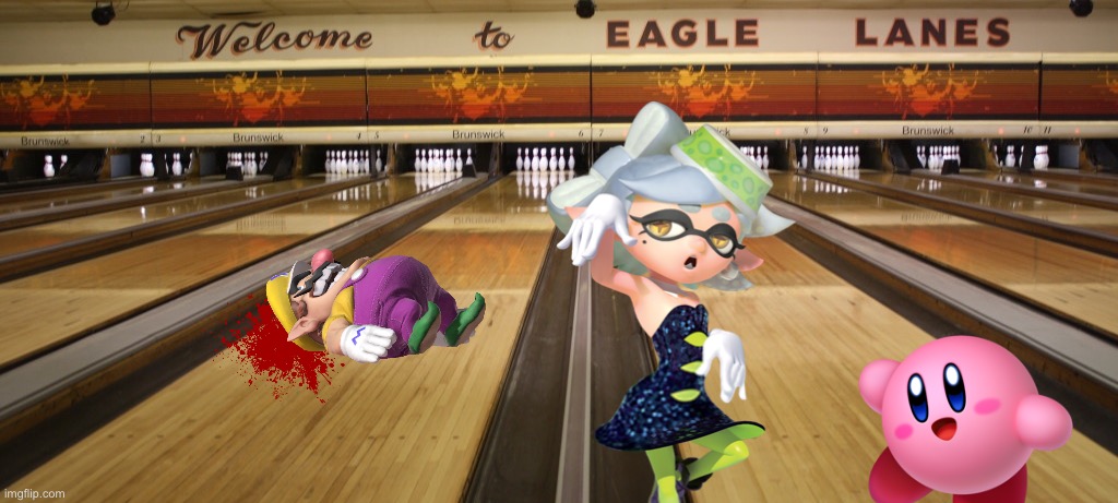 Wario dies on a bowling ring while Kirby is cheering Marie for that strike.mp3 | image tagged in wario dies,wario,kirby,bowling,splatoon,memes | made w/ Imgflip meme maker